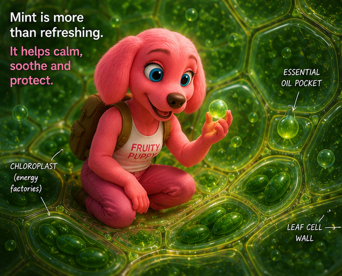 Fruity Puppy product styling with fresh botanicals, 17 bioavailable antioxidants per application