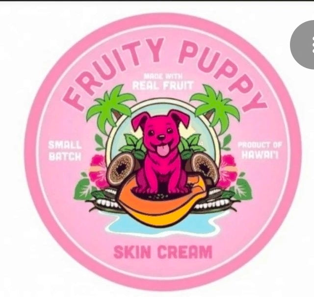 Fruity Puppy Original cream jar flat lay with fresh tropical botanicals, probiotic preserved fresh formula